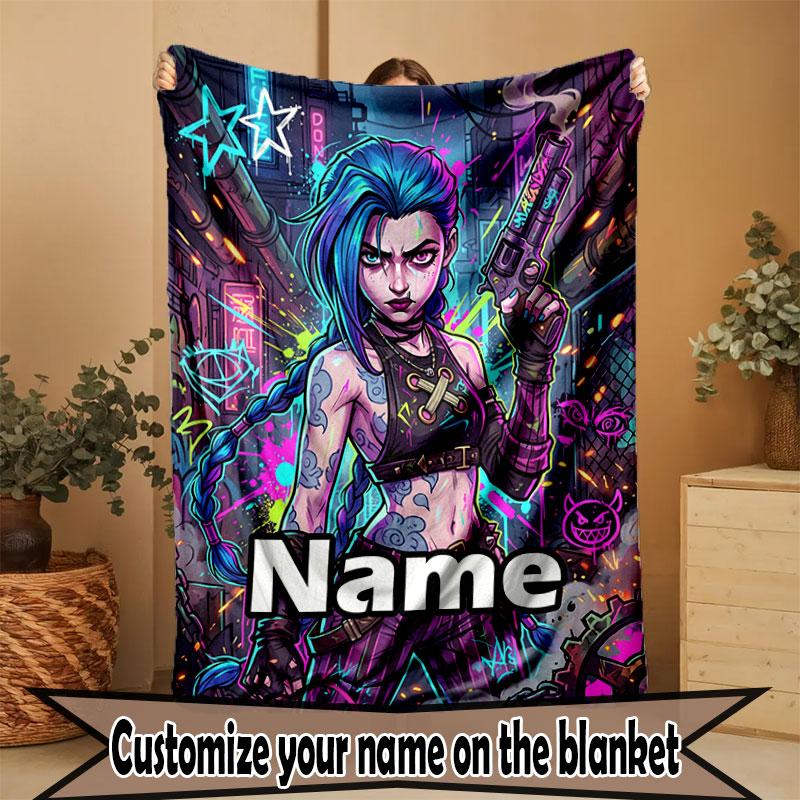 Custom Name Personalized Jinx League of Legends Print Blanket, Home Decor, Bedroom, Sofa, Camping, Couch, Gifts for Birthday Christmas