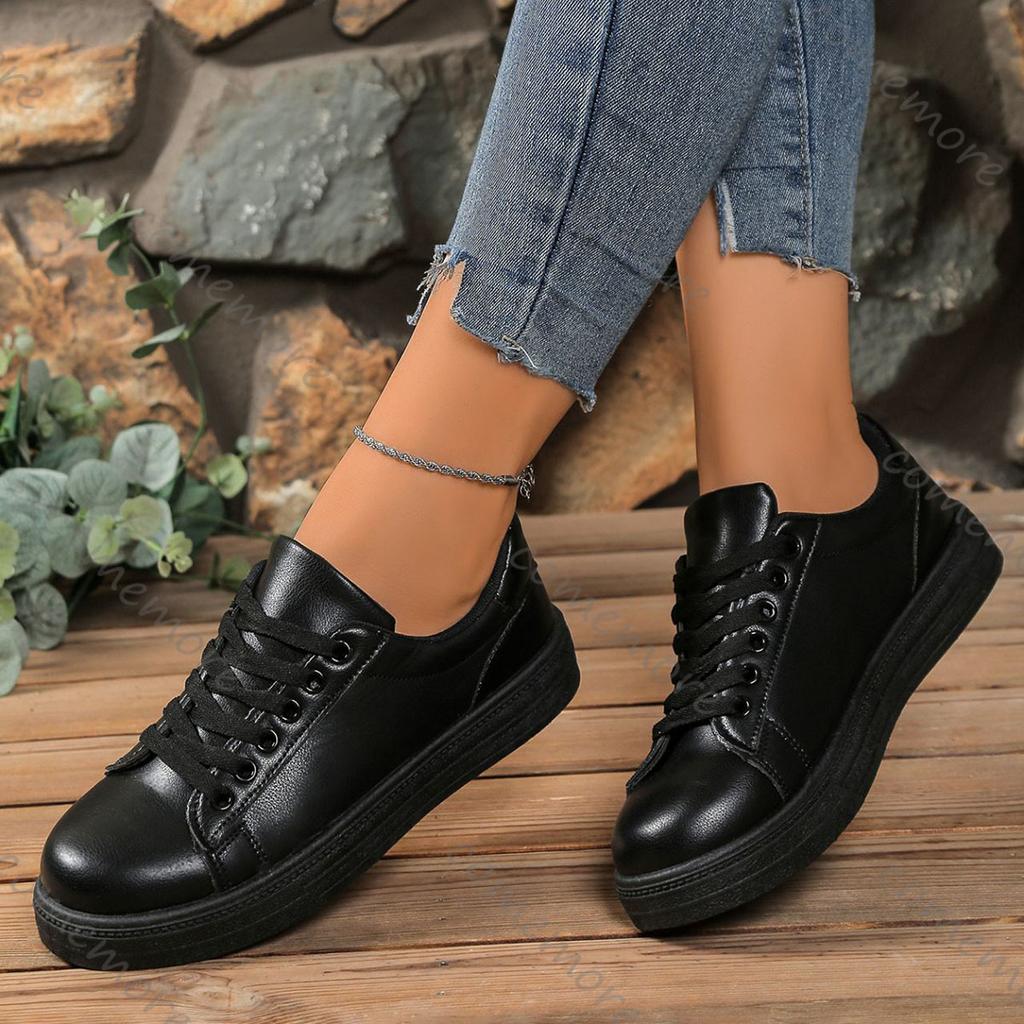 Fashion Comemore 2025 Women Spring Autumn Casual White Board Shoes Lace Up Flat Bottom Sneakers for Women Leather Platform Sneaker Shoes