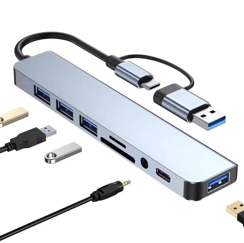 8-in-1 USB 3.0 Multiport Hub with TYPE-C Dock Supports TF/PD Reading 3.5mm Audio Interface USB 3.5 Audio Dock for Computers