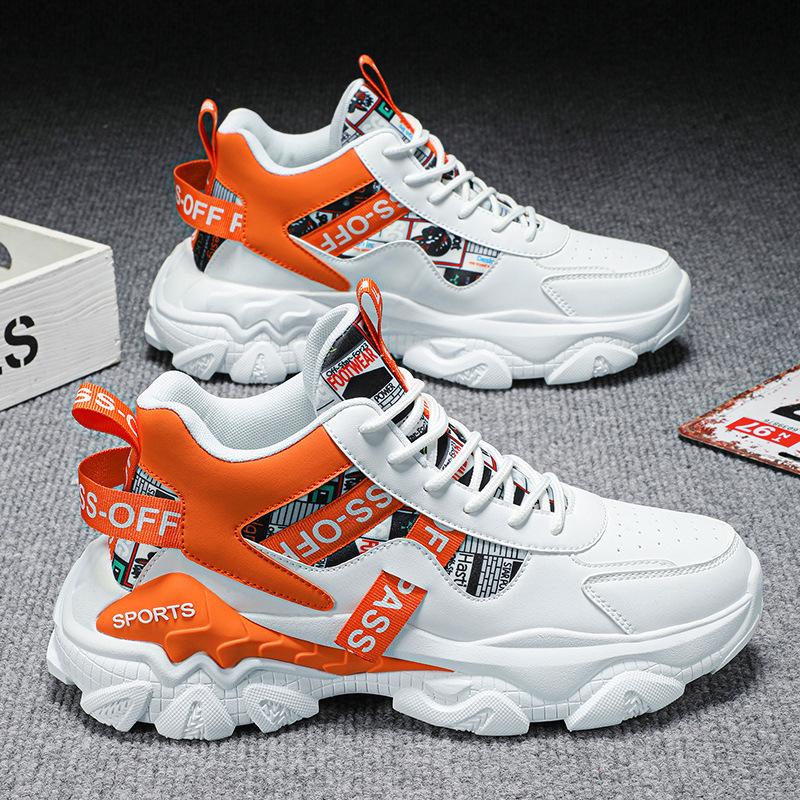 

Мужские модные высокие водонепроницаемые кожаные кроссовки: Осенний спортивный и досуговый стиль с толстой подошвой для студентов и законодателей моды. 42 белый/оранжевый