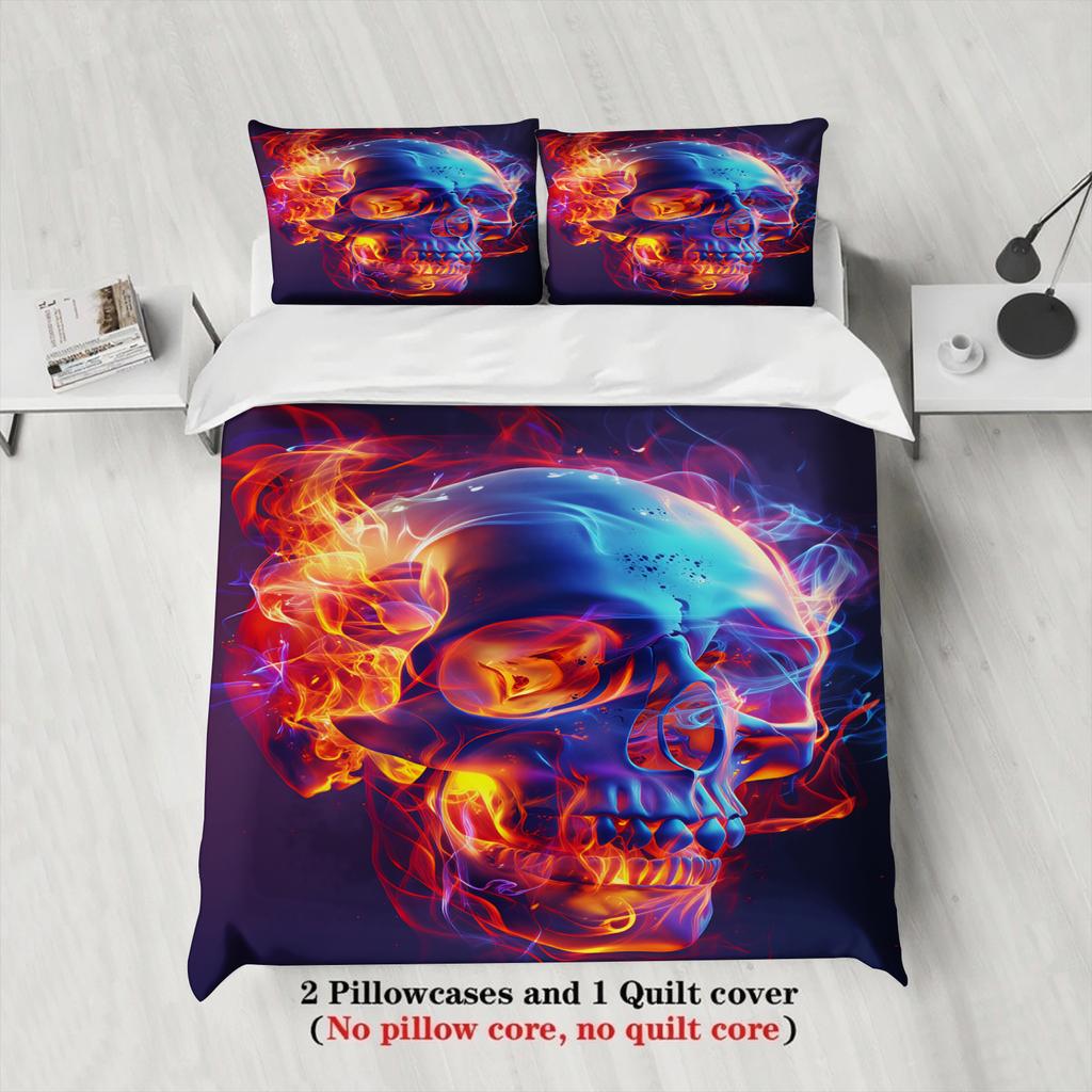 3Pcs Skull Bedding Sets 3D Printed Flame Pattern Anti-Slip Stain Resistant Duvet Cover Sets With Pillowcases No Filling