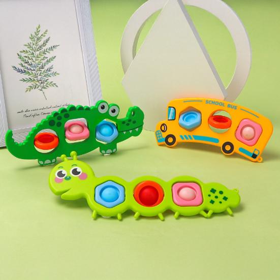 3Pcs Stress Relief Push Bubble Toy Toddlers Fine Motors Skills Cartoon Caterpillar Crocodile School Bus Flipping Bubble Sensory Fidget Toy Travel