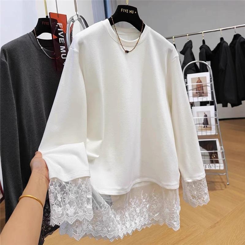 Lace Patchwork Fleece Sweatshirt Casual Loose Long Sleeve Top