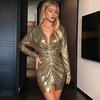 Women's Sparkly Ruched Bodycon Dress Sexy Deep V Neck Long Sleeve Mini Dress Metallic Party Club Night Dress