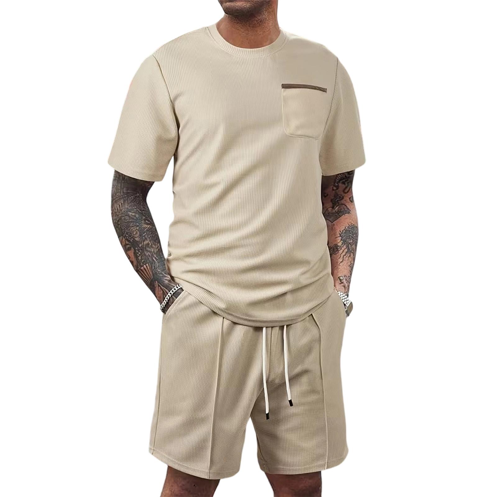 

Men s Sports Leisure Round Neck Short Sleeves And Pull Rope Shorts Set M хакі