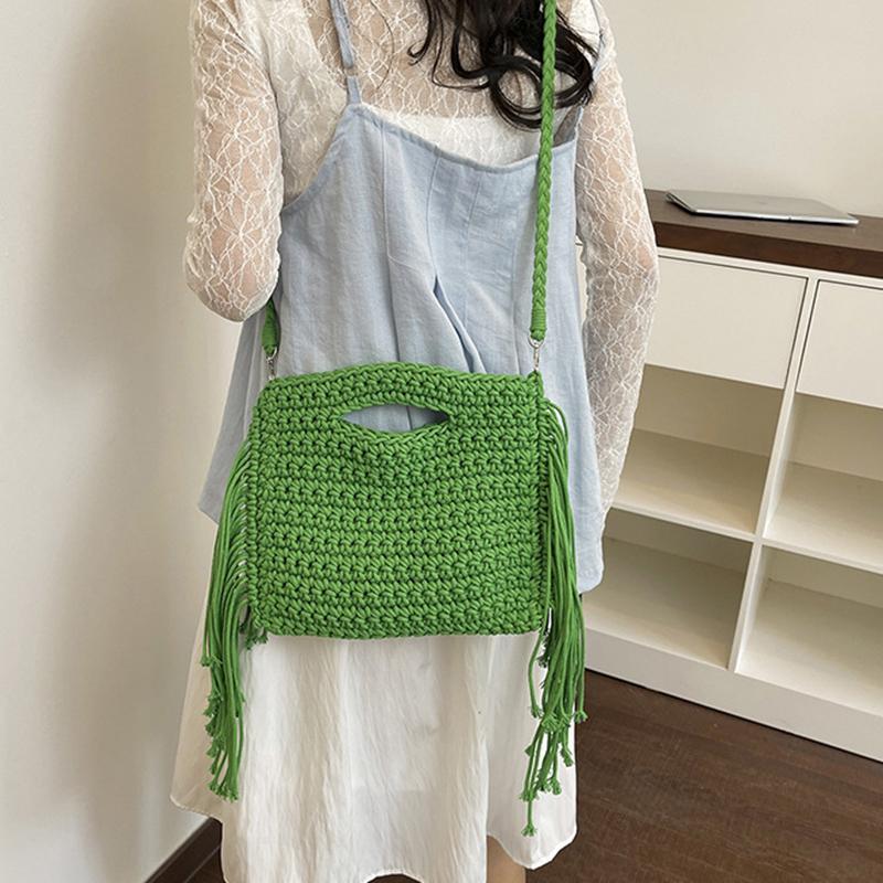Yogodlns Knitted Tassel Bag New Summer Vacation Style Single Shoulder Diagonal Cross Woven Bag Fashionable Simple Women's Handbag