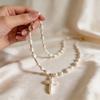 Vintage Pearl Cross Necklace With Geometric Pendant For Women