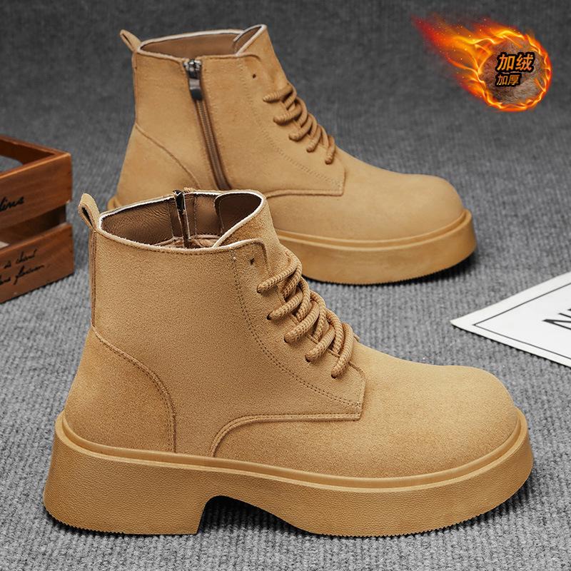 Men's shoes, new fleece warm cotton shoes, high-top leather shoes, British style platform soles, anti-slip heightened Martin boots
