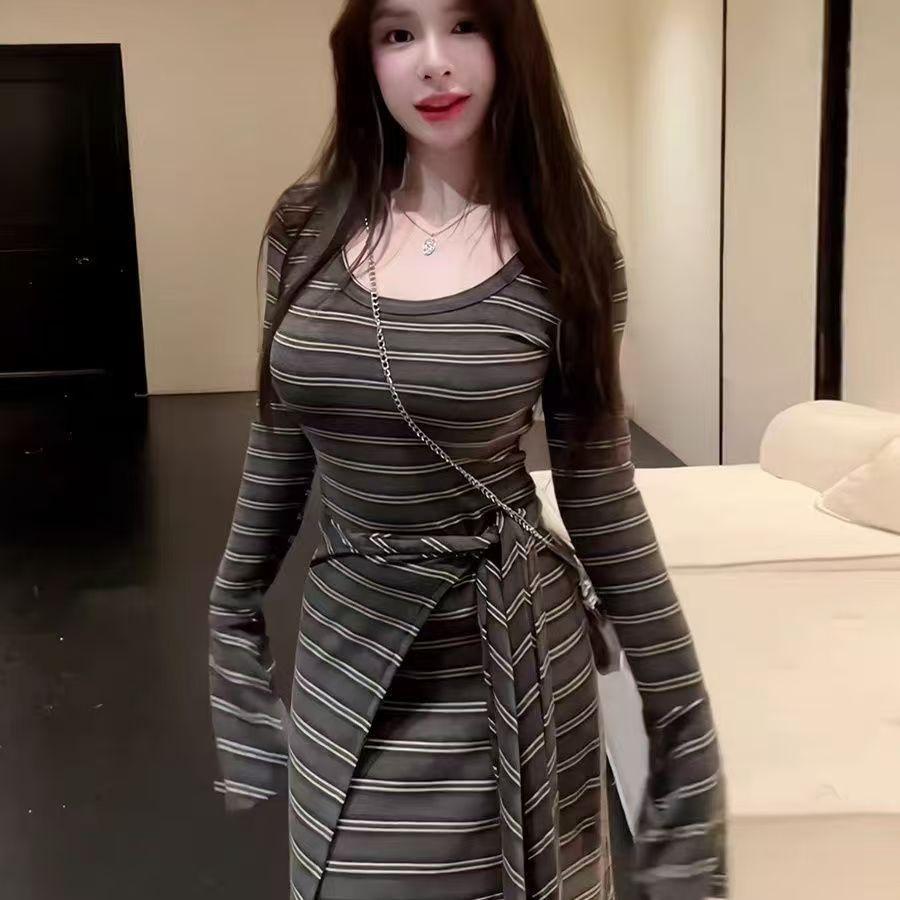 Autumn new Korean version temperament slim and thin striped long-sleeved dress women s hip T-shirt long dress foreign style S