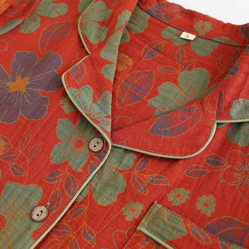 Floral Jacquard Cotton Cardigan & Loungewear Set for Middle-Aged Women