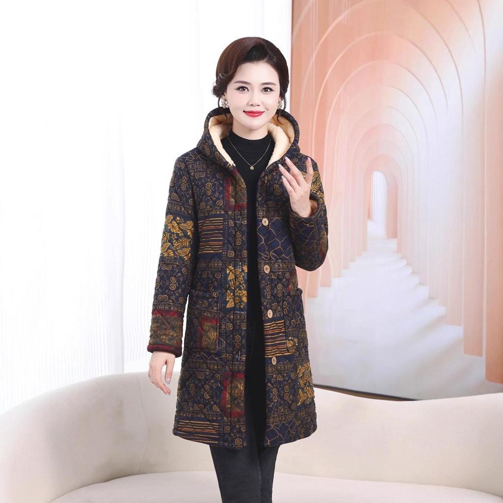 Mid-length Hooded Plus-Size Velvet Thickened Winter Coat for Middle-aged and Elderly Women
