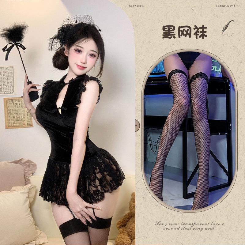 Sexy lingerie retro new Chinese cheongsam sexy velvet lace mesh buckle cheongsam sex nightdress