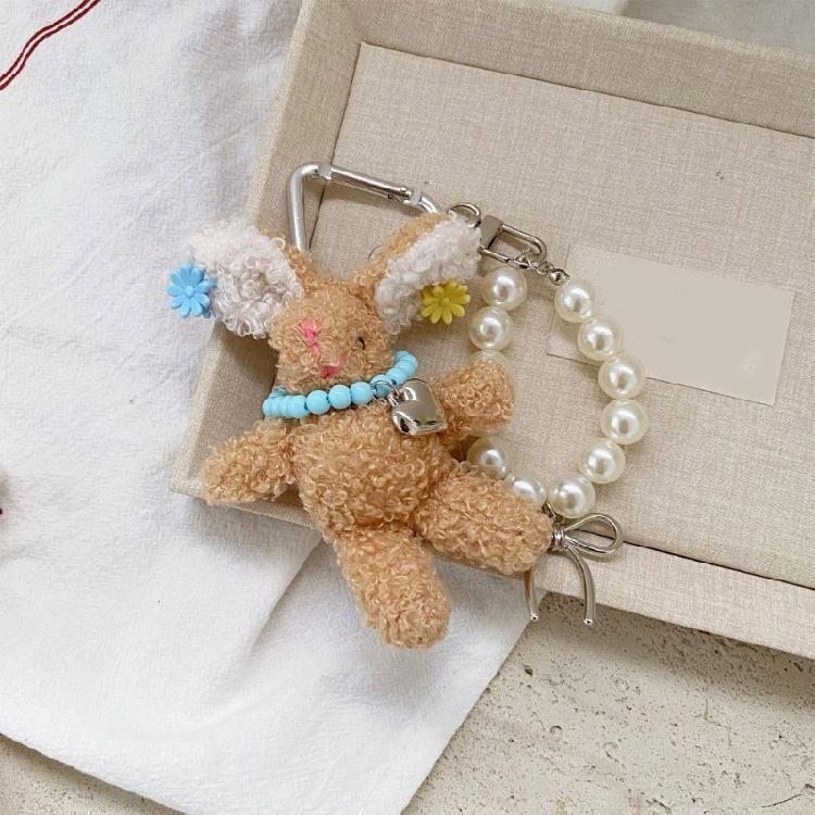 Delicate Rabbit Phone Charm PP Cotton Keychain Pearls Hair Clip Lovely Rabbit Stuffed Keyring Gift For Students