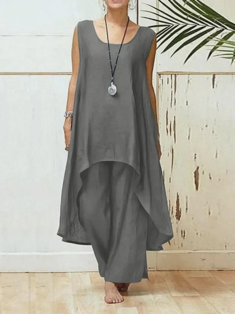2024 Women's Asymmetrical Sleeveless Top & Loose Pants 2-Piece Set - Spring/Summer Sportswear