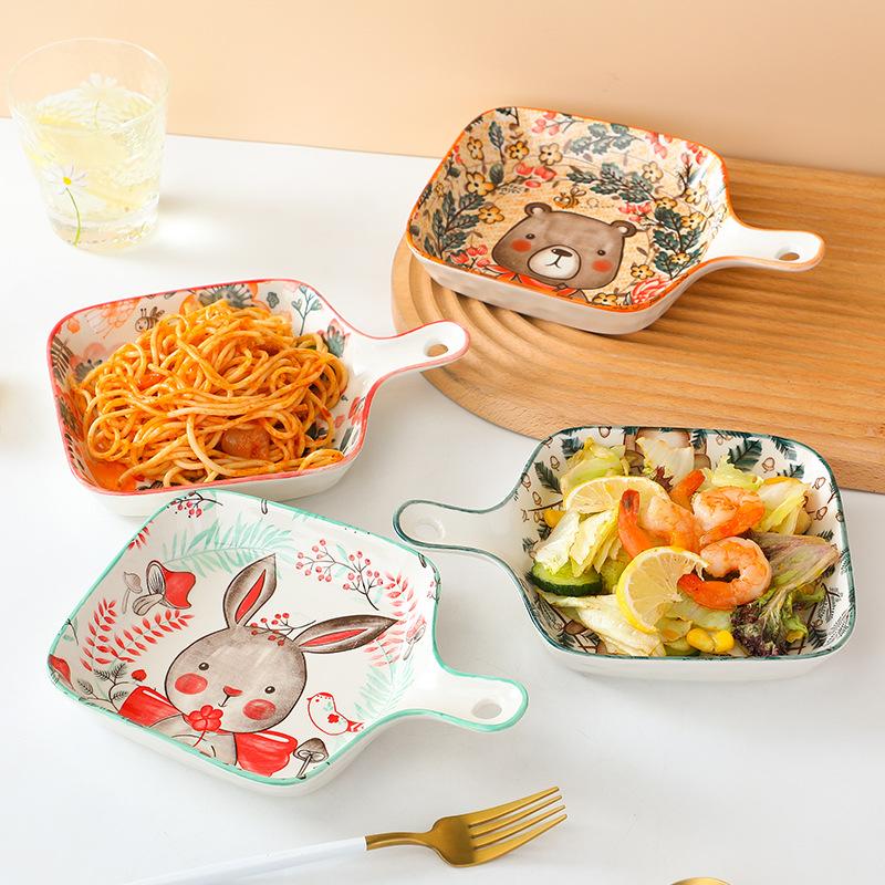Creative Cartoon Animal Ceramic Plate With Handle Restaurant Household Vegetable Plate Western Food Plate Breakfast Plate Single Handle Baked Rice Pla
