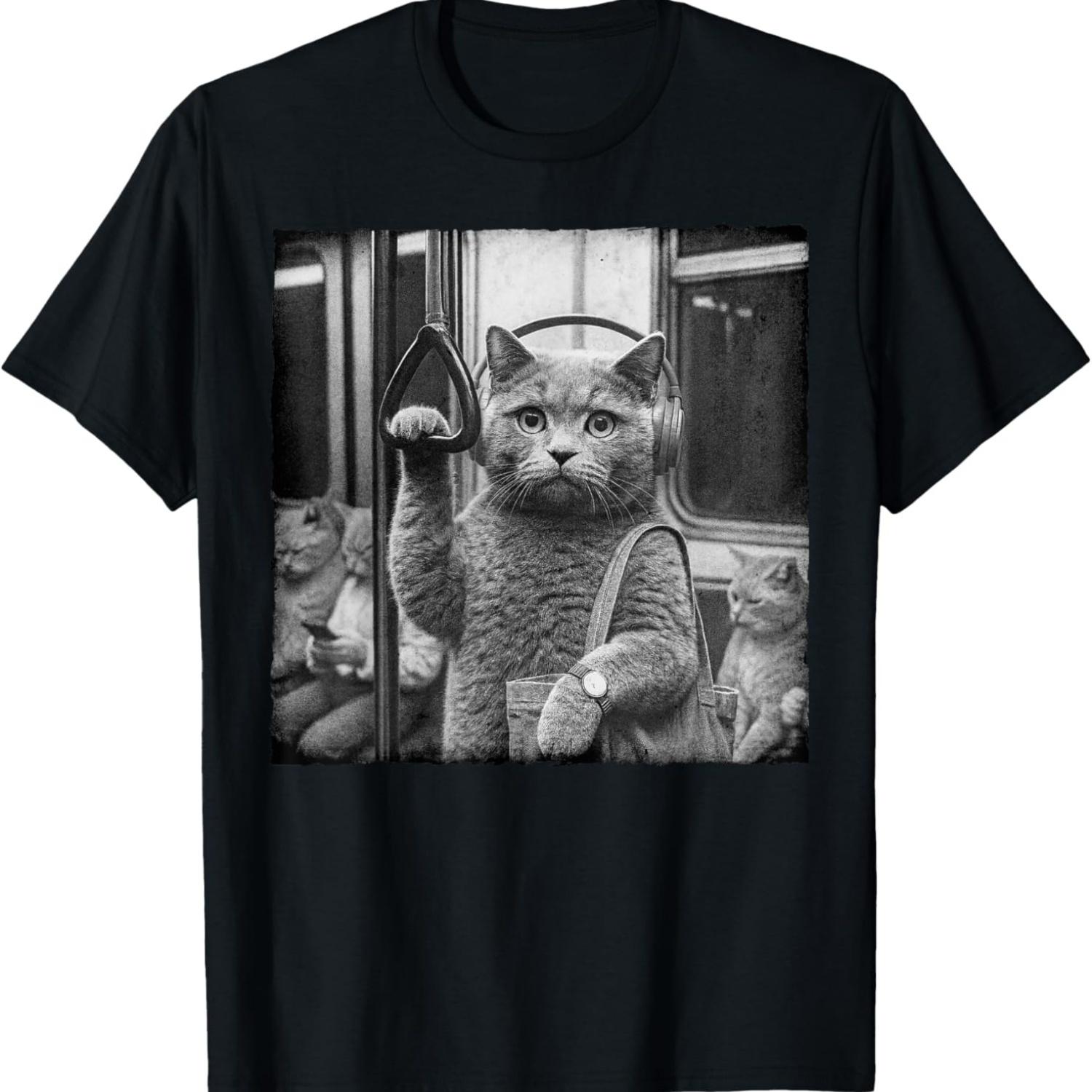 Cat Wearing Headphone On Subway Funny Cat Meme Humor T-Shirt S чёрный