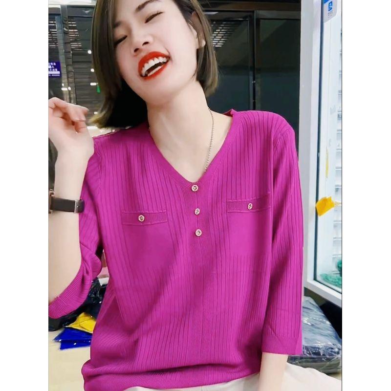 

Summer Qu Zhu Ice Silk T-shirt Small 3/4 Sleeve Knitwear Female Loose Thin Mid Sleeve V Neck Top Shirt Tide Rose (middle sleeve) All yards