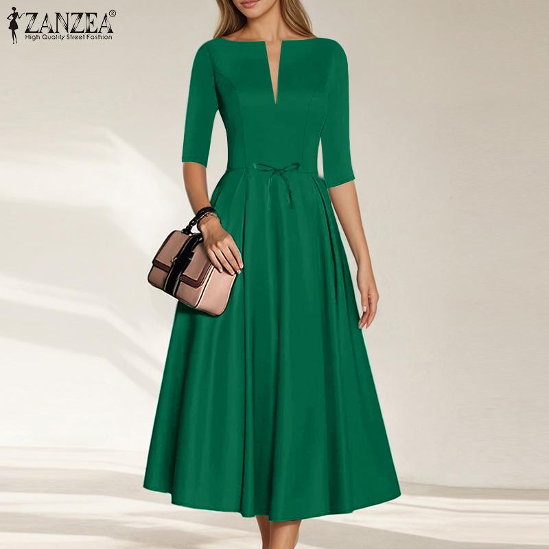 

ZANZEA Women Casual V-Neck Summer Half Sleeve Elegant Dress M зелёный