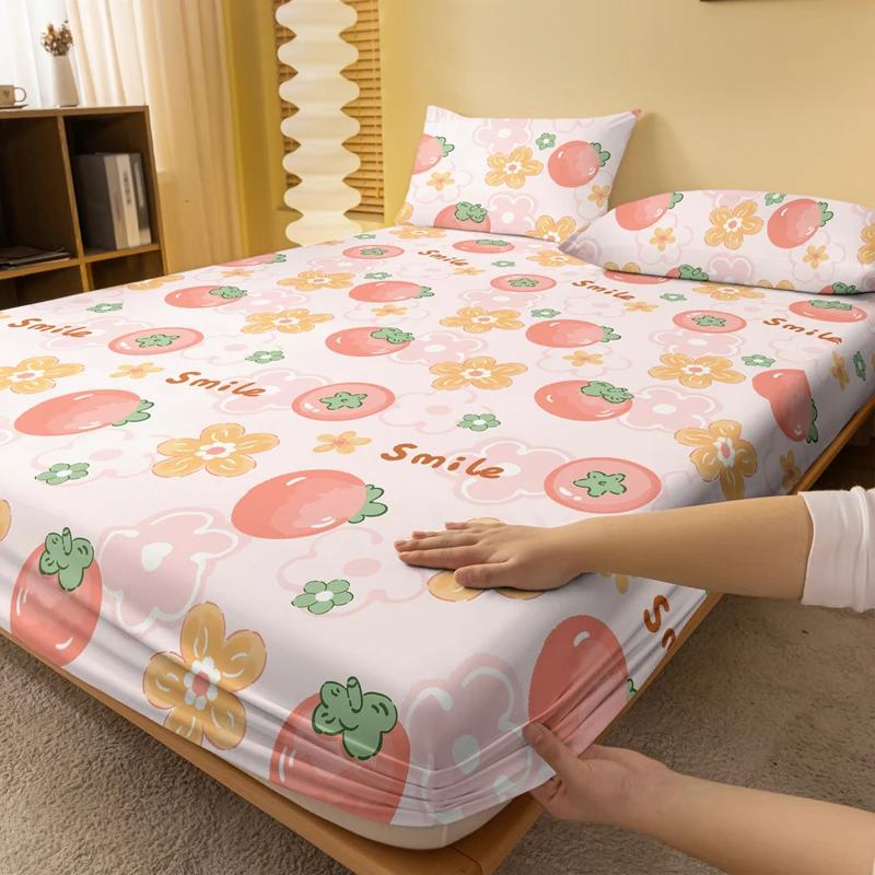 1 Simple Modern Plant Flower Fruit Printed Matte Fitted Sheet, Bedroom Printed Bed Cover, Bedding (Excluding Pillowcases)