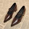 Premium  Mary Janes French Vintage Pointed Toe Pumps Chunky Heel Single Strap Shoes Buckle Decor