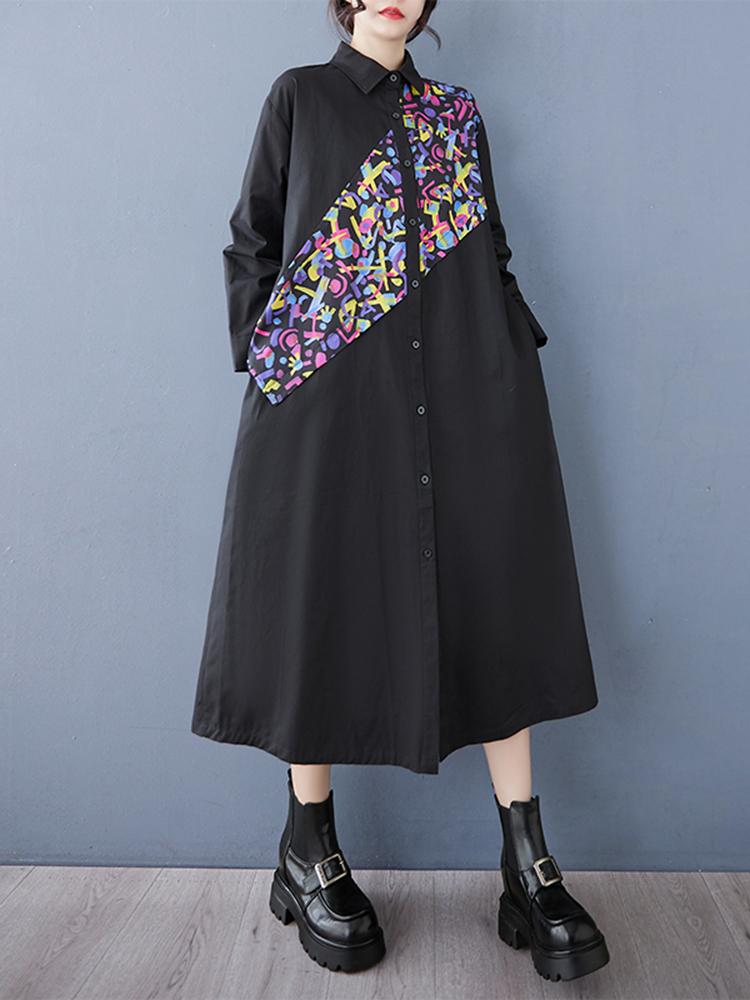 Xitao Contrast Color Patchwork Pocket Turn-down Collar Dress GMM1230