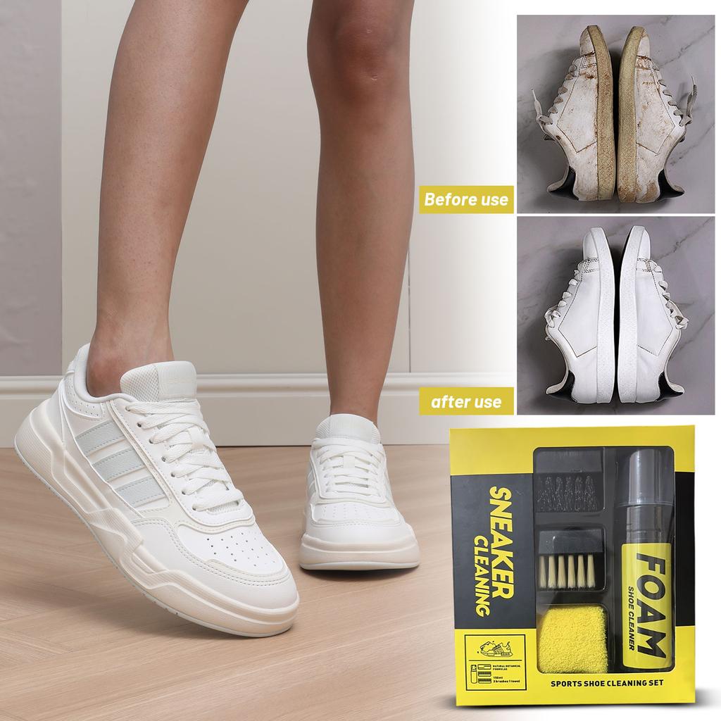 Kit di Pulizia per Sneaker con Detergente Schiumogeno, Spazzola e Panno in Microfibra per Scarpe Sportive - Set Completo per la Cura delle Scarpe 150ml
