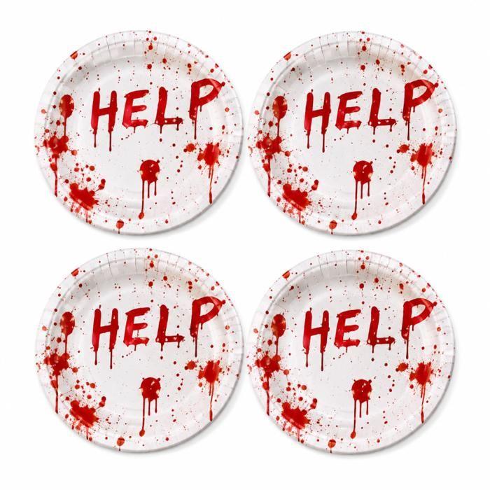 Lot de 30 Assiettes en Carton 22 cm Halloween – Assiettes Rouge et Blanche HELP, Vaisselle Jetable pour Fête, Soirée Halloween