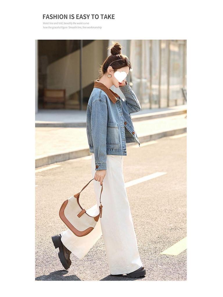 Wiosna 2025 Damska kurtka dżinsowa w stylu retro z blokami kolorów i klapami