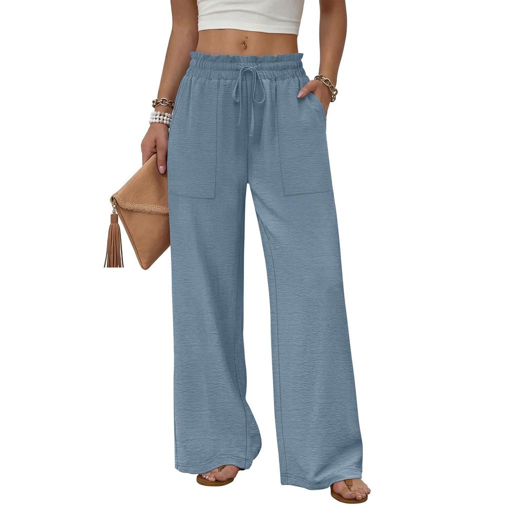 Women's High Waist Wide Leg Pants with Pockets Drawstring Loose Fit for Beach Vacation Casual