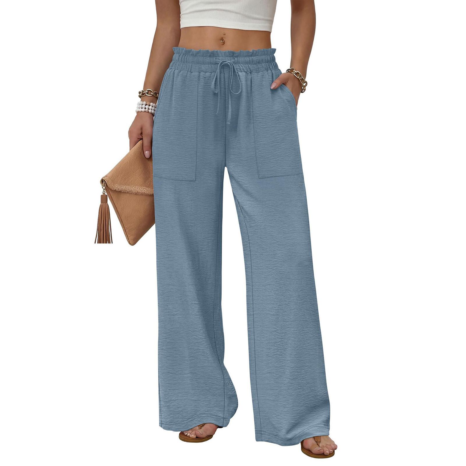 Women s High Waist Wide Leg Pants with Pockets Drawstring Loose Fit for Beach Vacation Casual S