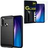 Silicone Case - BLACK - Xiaomi Redmi Note 8 - Carbon Fiber - 3 Tempered Glass Films - Flexible