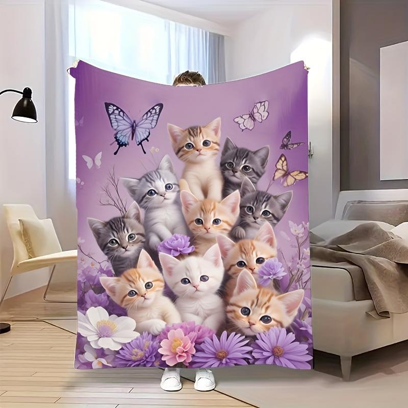 Cute Kittens Fleece Blanket Colorful Cats Flowers Print Throw Soft Cozy All Season Bedding Home Decor Gift For Cat Lovers