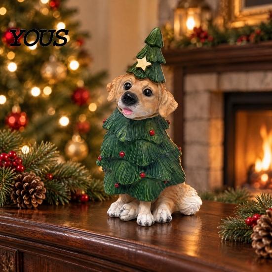 Christmas Party Supplies Dog Figurine, Resin Puppy Statue in Tree & Gift Small Animal Figurines Box Costume, Festive Desktop Mantel Decor,