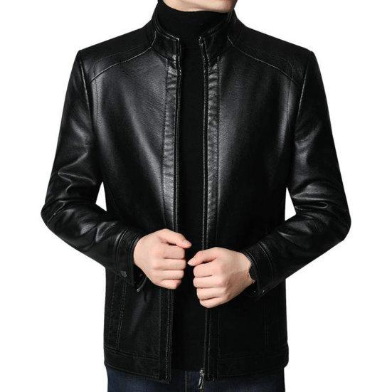 Men Jacket Faux Leather Solid Color Stand Collar Smooth Thick Warm Long Sleeve Zipper Neck Protection Motorcycle Windproof Cool Autumn Winter Jacket