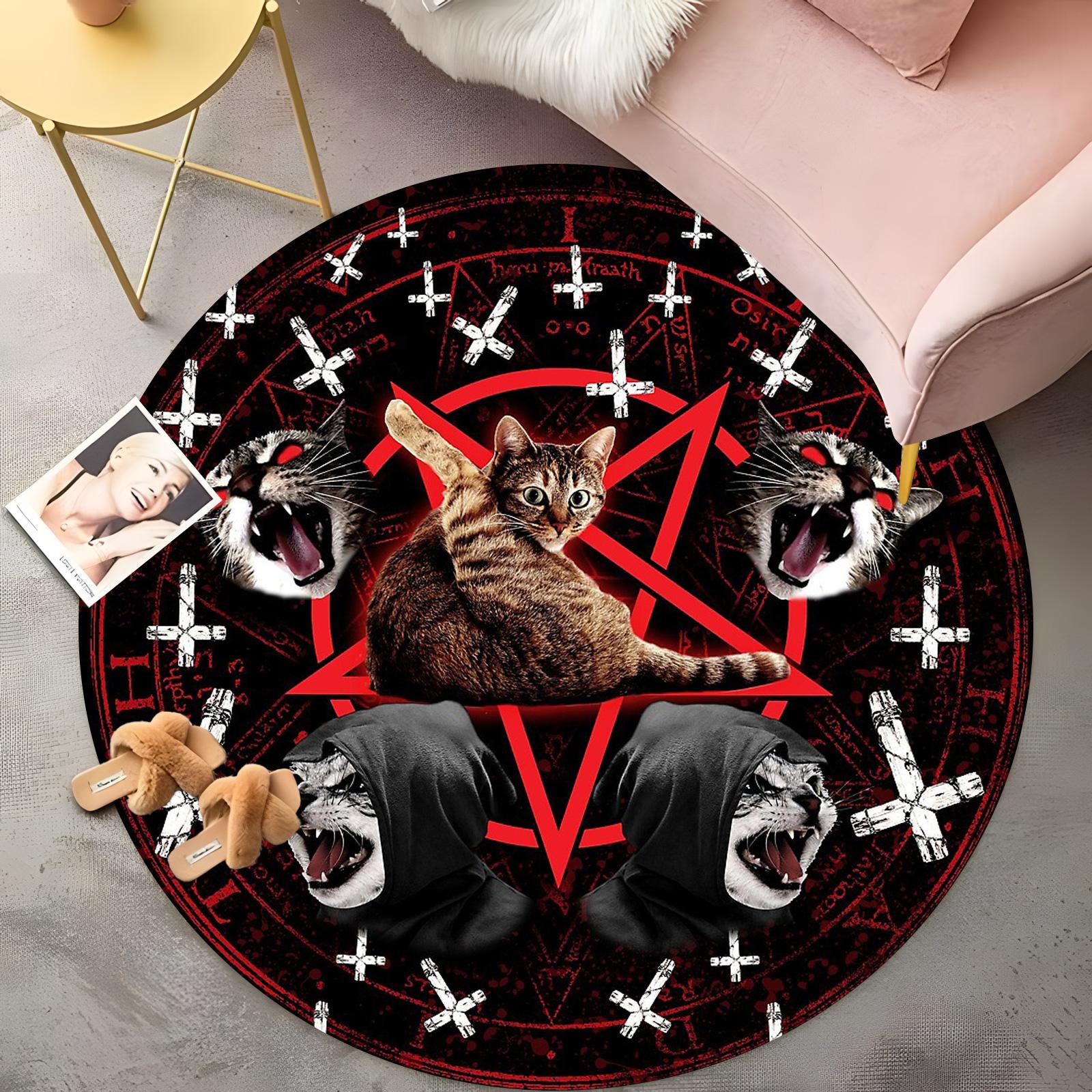 

Mystical Cat Round Rug - Red Pentagram with Black Cat Design, Gothic Cross & Wolf Patterns, Occult Bohemian Living Room Carpet 60cm