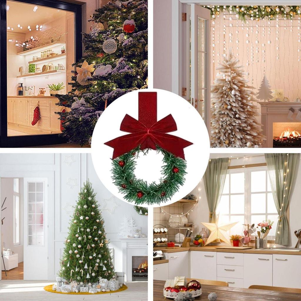 6Pcs/set Mini Christmas Cabinet Wreath with Ribbons Faux Berries and Bows Holiday Artificial Wreath Front Door Sign