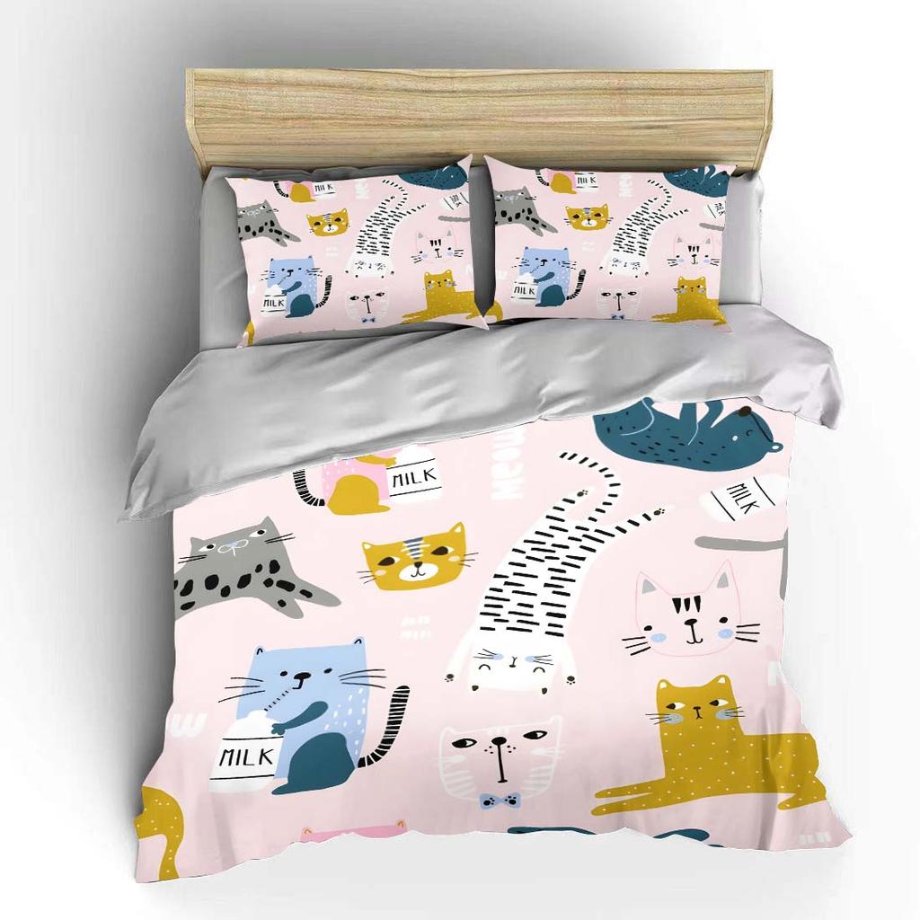 Cute cat pink background pattern Bedding Set for Kids Luxury Gift 3pcs Digital Print Comforter Set Soft Comfortable Breathable