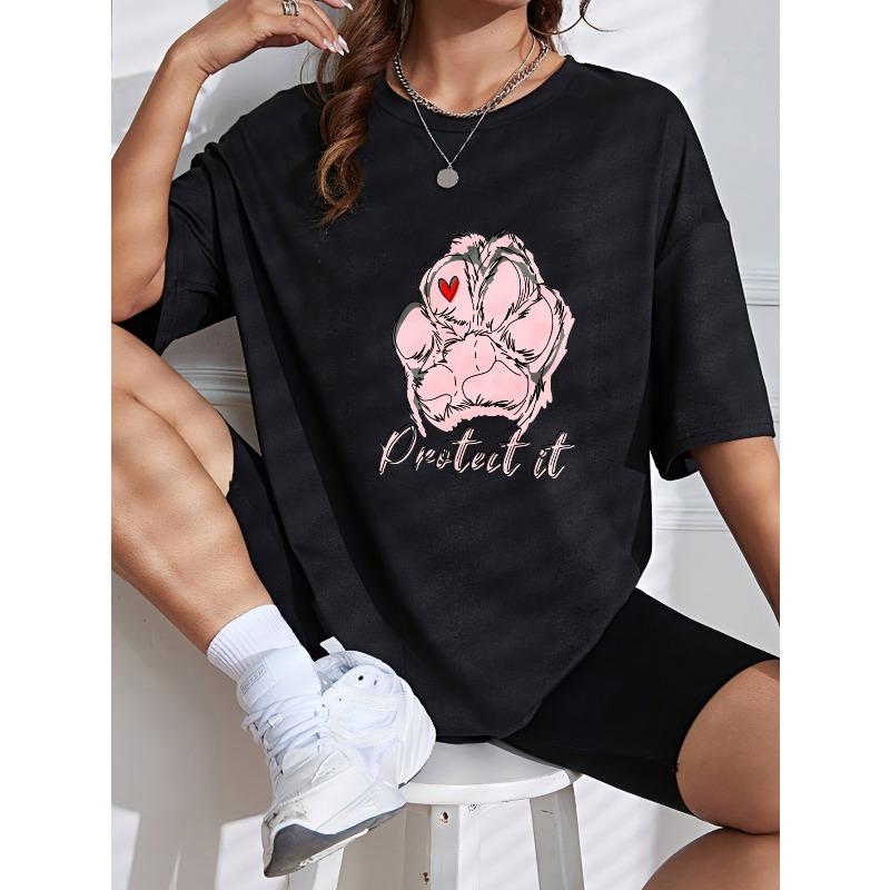 Women Casual T Shirt White Paw Print With Heart And Protect It Text For Pet Lovers Daily Wear