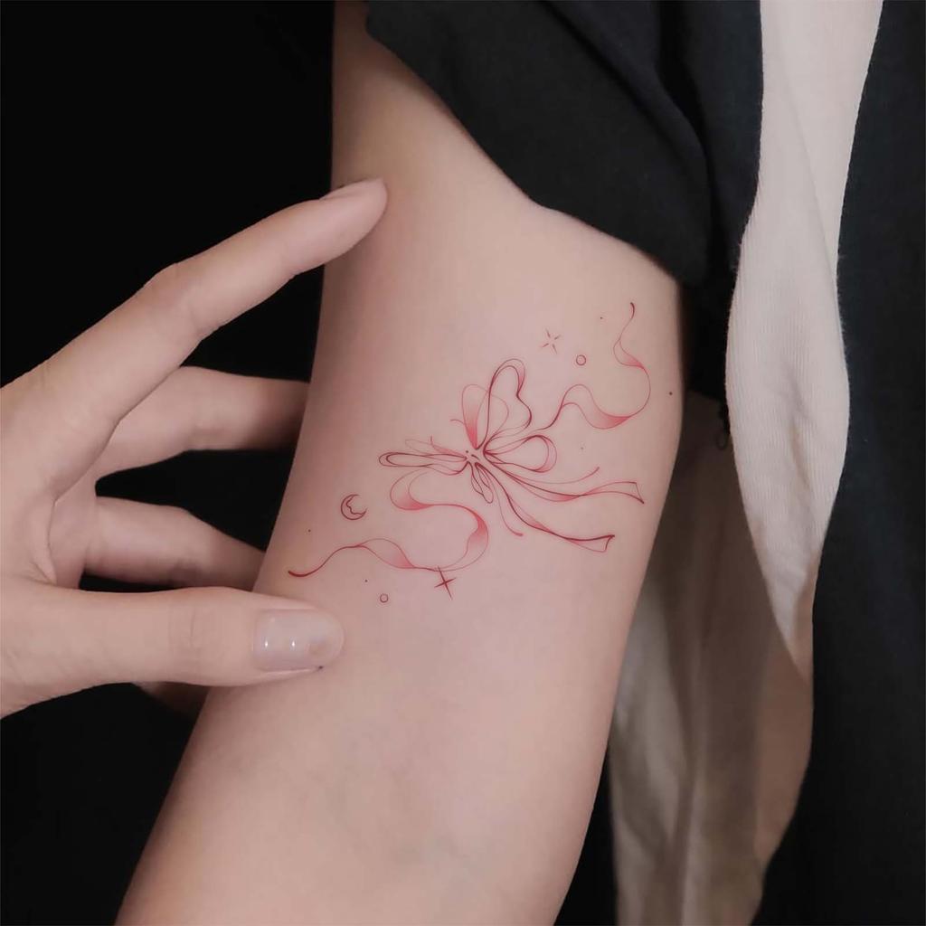 Tattoo Sticker Pink Waterproof Long-Lasting Female Arm Bow Disposable Temporary Tattoo Sticker