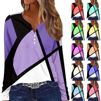 Camiseta feminina com estampa de botão, manga comprida, moda diária, fim de semana, básica, decote em V, top regular