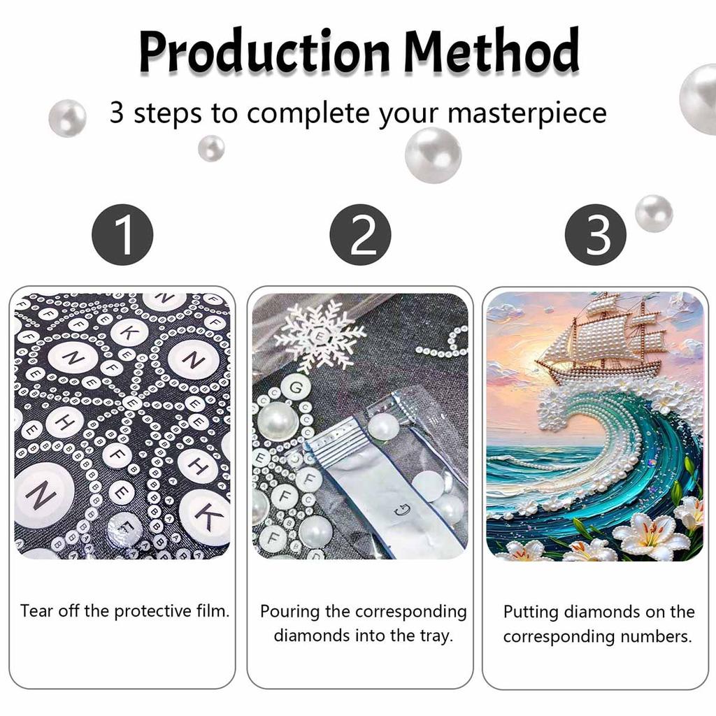 DIY Frameless Pearl Painting Kit Sailing Ship Wave 3D Shiny Bead Art Canvas Relaxing Creative Craft for Home Wall Decor Gift