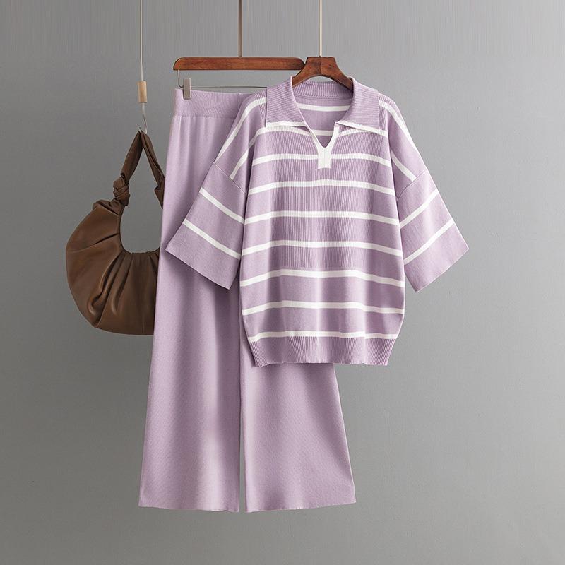 Contrasting stripes fashion suit summer new casual loose knitted wide-leg pants two-piece set