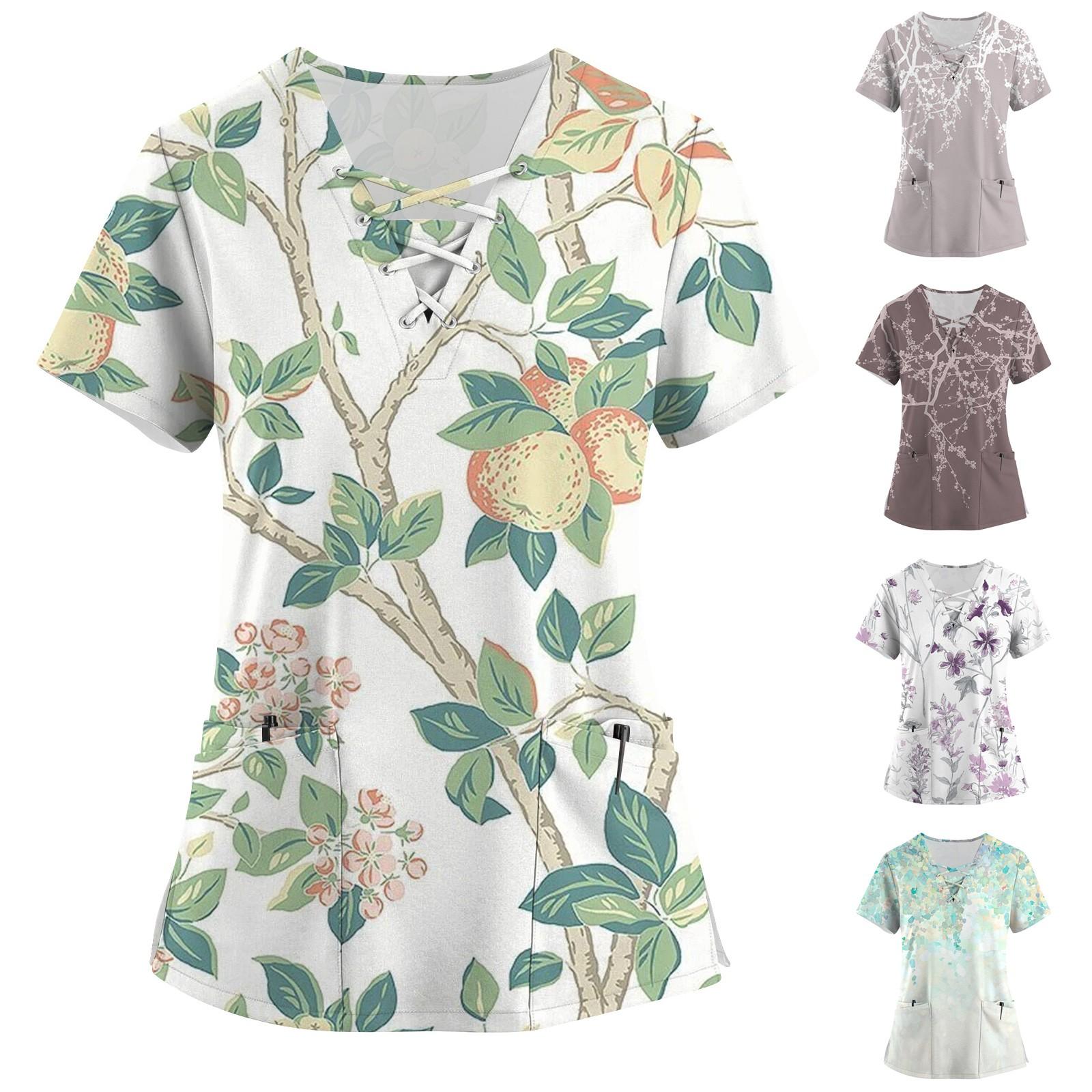 

Женский топ с короткими рукавами и V-образным вырезом с принтом, рабочая форма, карманная рубашка, топ для ухода XL