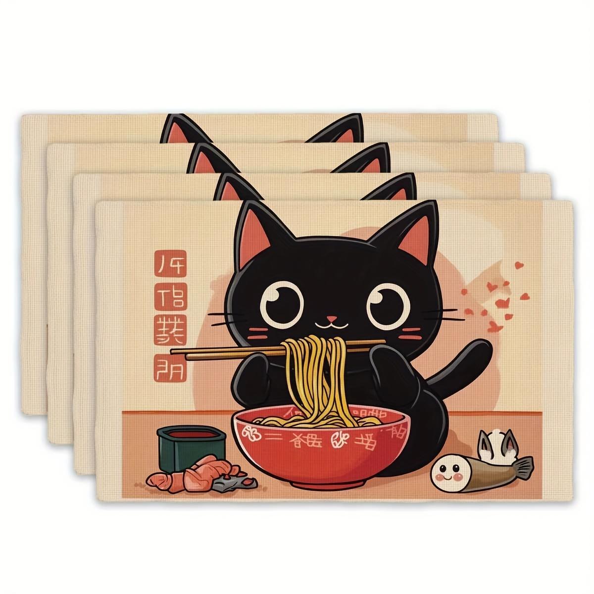 

Linen Placemat Black Cat Ramen Noodle Japanese Food Design Washable Heat Resistant Kitchen Dining Table Mat Home Decor 4Pcs-30X45cm(12X18in