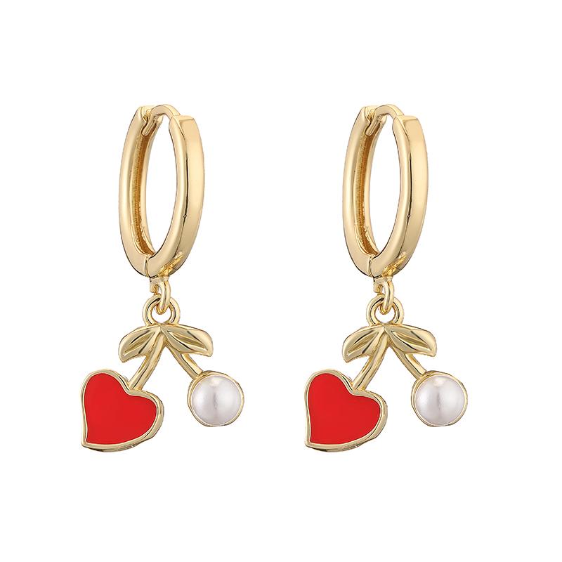 HECHENG, Pearl Imitation Pearl Women s Enamel Drip Oil Red Cherry Heart Pendant Necklace Earrings Fruit Series Zircon 1 Piece Other