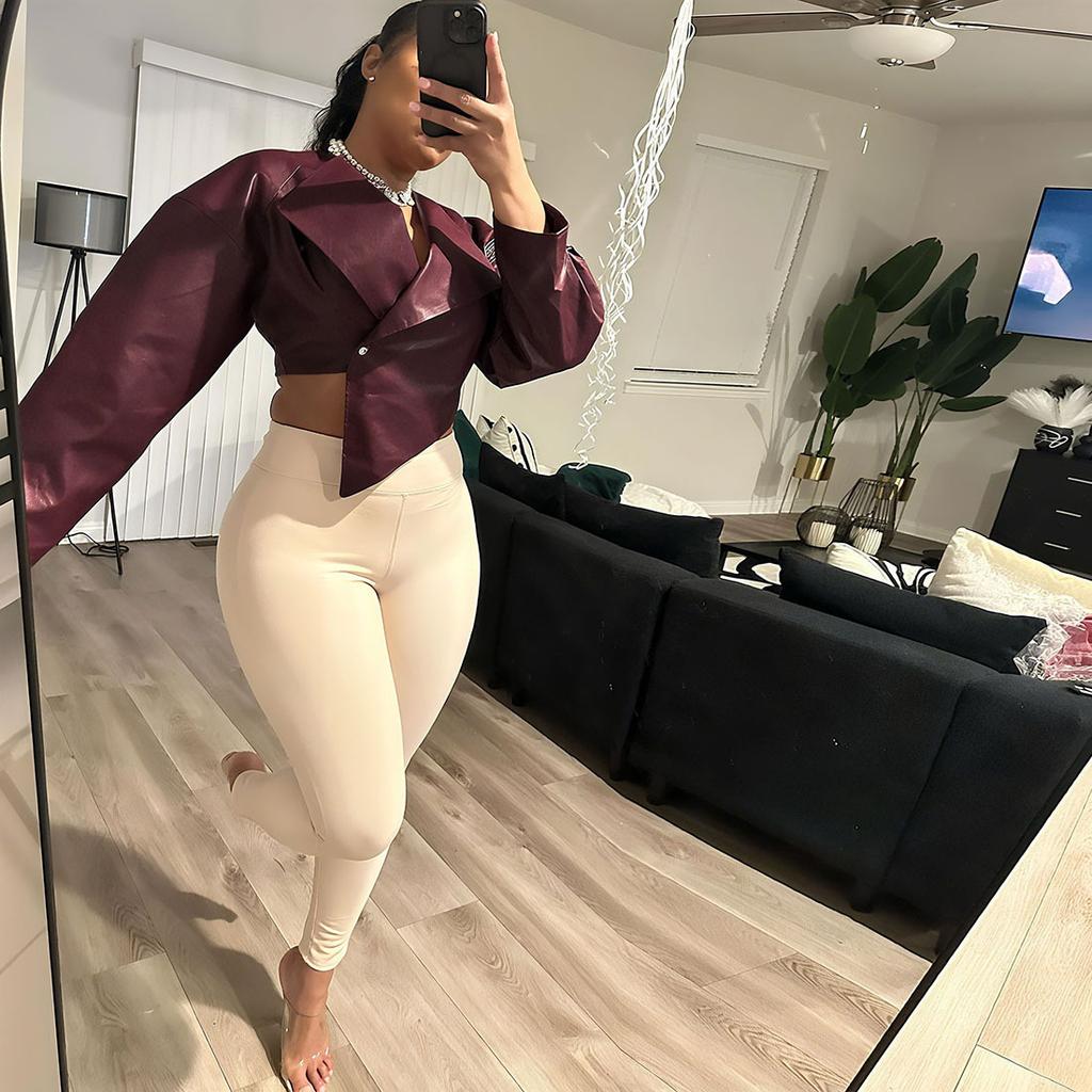 2025 Summer New Women's Clothing Personalized Fashion Waist Open Button PU Leather Solid Color Casual Coat Women