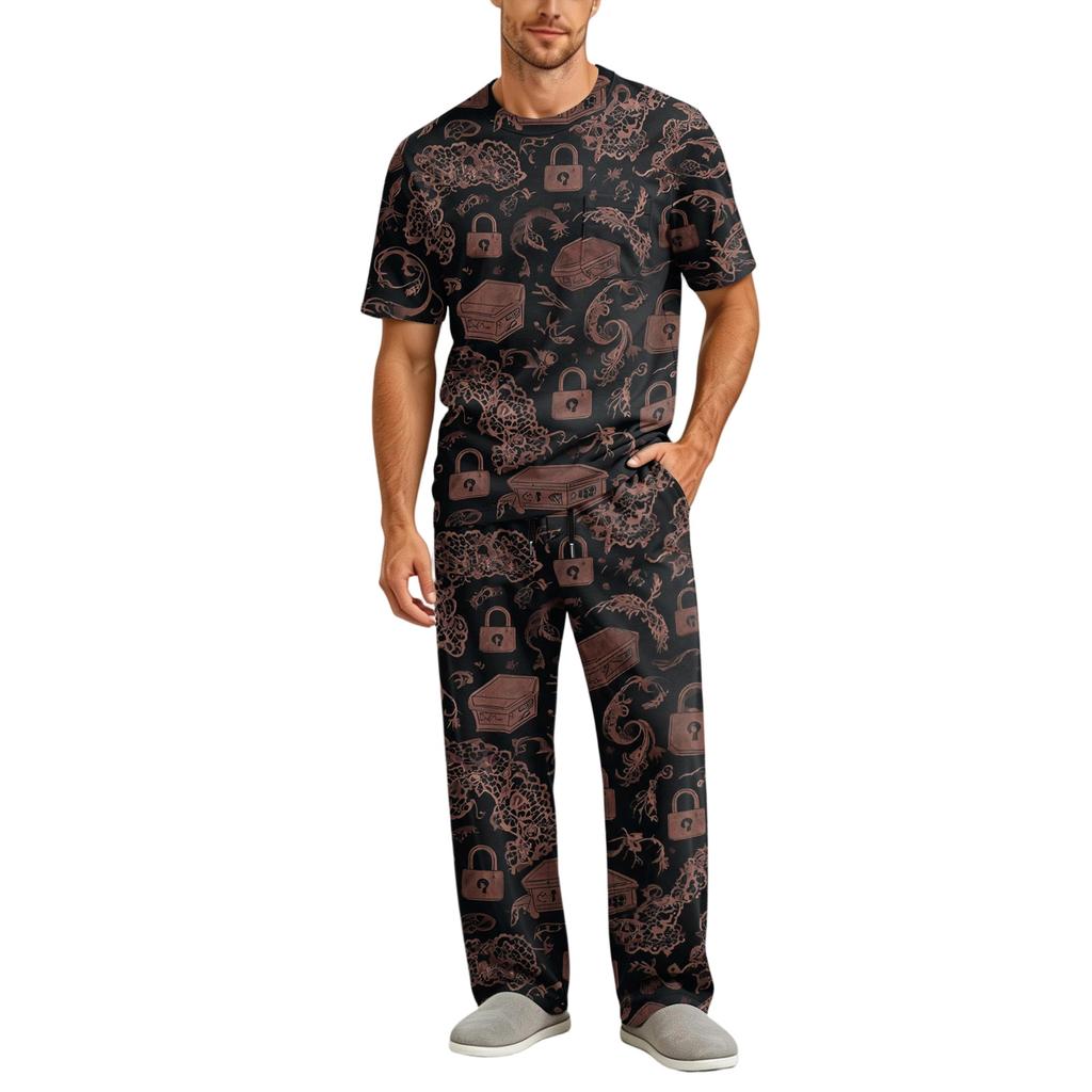 Men's Home Pajama Set, Short Sleeve Top and Long Pants with Button Fly and Drawstring Waist