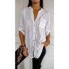 Women Casual Summer V-neck Sequin Blouse Loose Collar Mid-sleeve Printed Button Top Sun Protection Shirt with Pocket
