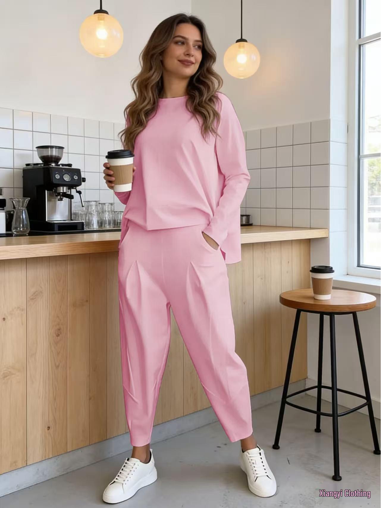 

European and American Women s Solid Color Hoodie and Harem Pants Casual Set XL розовый