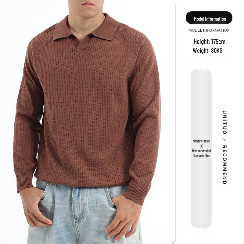 

Men s Pineapple Pattern Polo Sweater - Wool Knitwear for Business Casual, Autumn/Winter Large кавовий